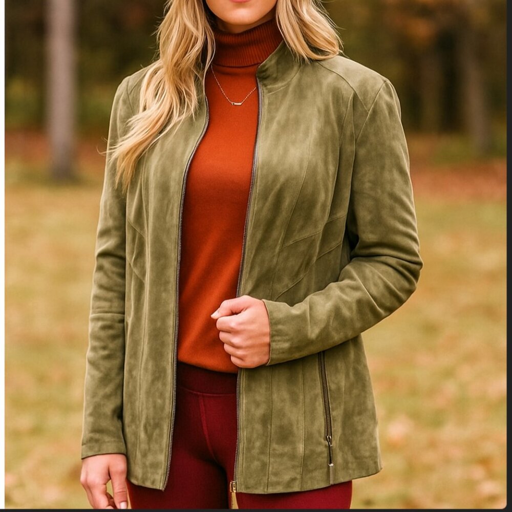 Alfani Leather Suede Short Boho Biker Standup Neck Jacket Dark Olive Green